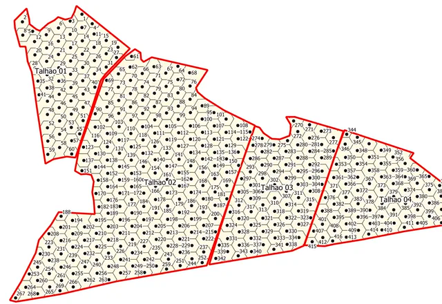 Quadro real da gravação: a grade hexagonal de amostragem dentro dos talhões, com os pontos numerados