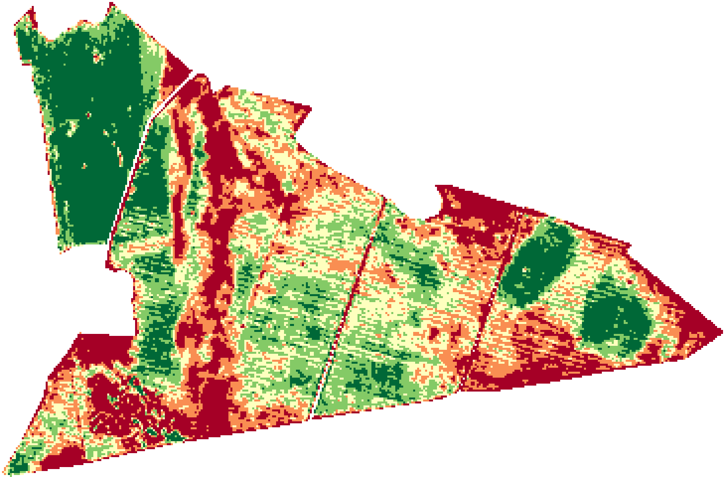 NDVI da Fazenda 1, com quatro talhões, gerado pela ClaudIA Sat a partir da imagem Sentinel-2 de 21/02/2026